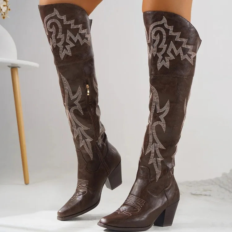 Knee High Boots Womens Shoes 2026 New Western Cowboy Knight Boots Over Knee Side Zipper Long Tube Boots Women Shoes High Heels
