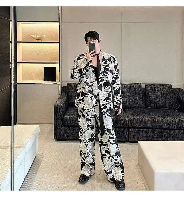 IEFB Niche Design Men's Two-piece Collarless Embroidery Blazer Loose Straight Suit Pants Contrast Color Male Sets New 9C7485