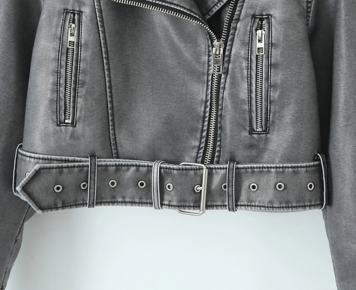 Women Autumn Winter Loose Gray PU Faux Leather Short Jackets Belt Female High Street Zipper Retro Moto Biker Coats Outwear XS-XL