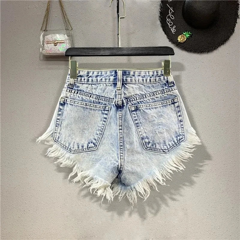 Fashion Denim Shorts Women's Streetwear Bar spicy girl A-line Wide leg Shorts Summer High waisted breasted Fringe Hot Pants