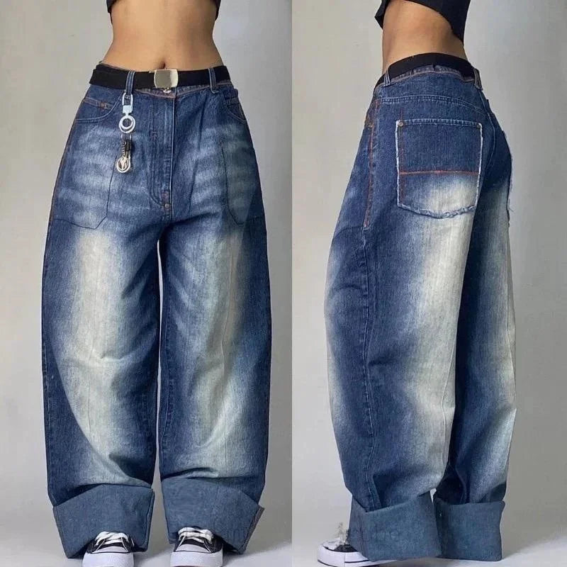 Fashion New Multi Pocket Washed Baggy Jeans Men And Women Low Waist Straight Leg Drawstring Closure High Elasticity Korean Style