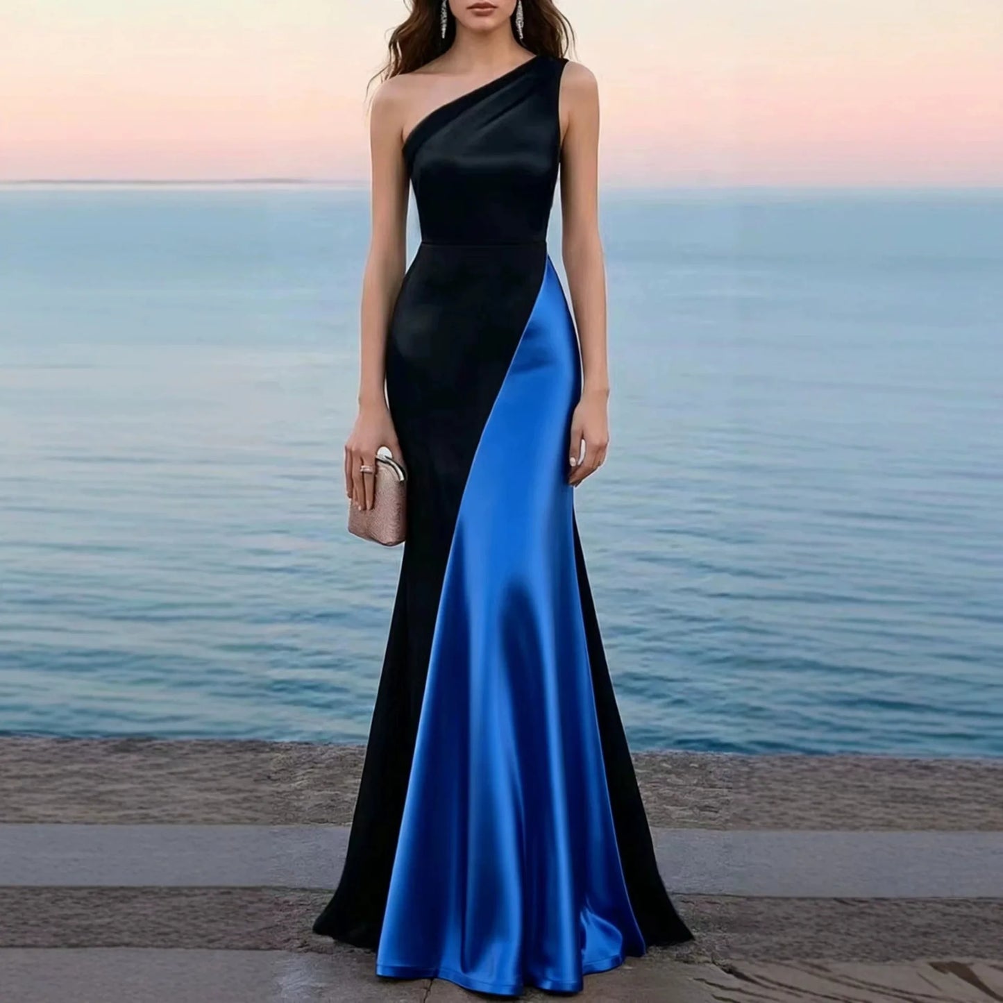 Women Luxury Satin One Shoulder Long Dress Black Red Patchwork Bodycon Mermaid Gown for Birthday Cocktail Wedding Guest Evening