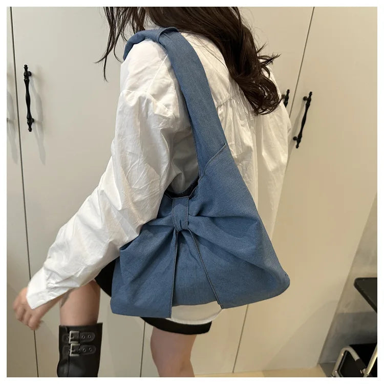 Sweet Bowknot Design Women's Denim Shoulder Bags Commuter Thread Ladies Handbags Casual Lightweight Female Underarm Tote Bag