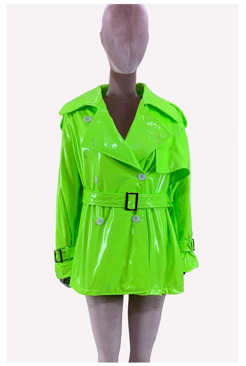 Nerazzurri Spring Autumn Oversized Thin Shiny Reflective Patent Leather Trench Coat for Women Double Breasted European Fashion