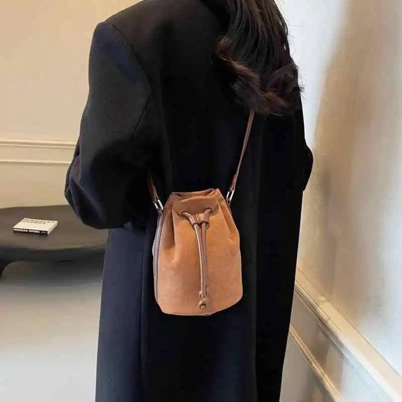 Suede Phone Bag For Women Autumn Winter Drawstring Brown Crossbody Bags Retro Versatile Commuting Mini One Shoulder Purse