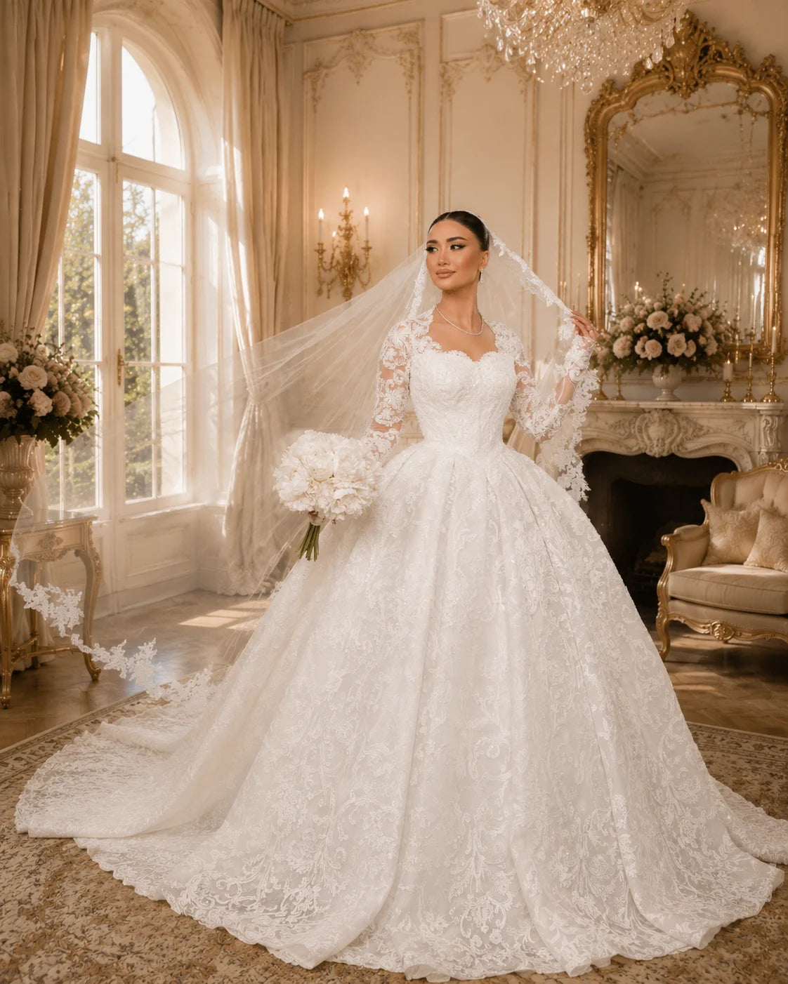 Elegant Off Shoulder Lace Wedding Dress Long Sleeves Cathedral Train Bridal Gown Luxury Veil Princess Vestido De Novia Bride