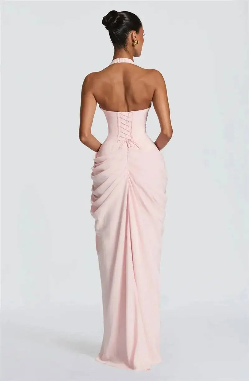 Mozision Wine Red Halter Deep V Maxi Dress Women Elegant Draped Ruched High Split Bodycon Cocktail Wedding Club Party Dresses