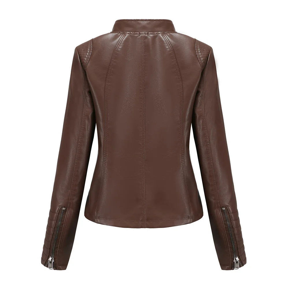 2026 Women's Bright Red V-neck Leather Jacket, Fashion Slim PU Coat, Black Short Outerwear Asia Size XS S M L XL XXL