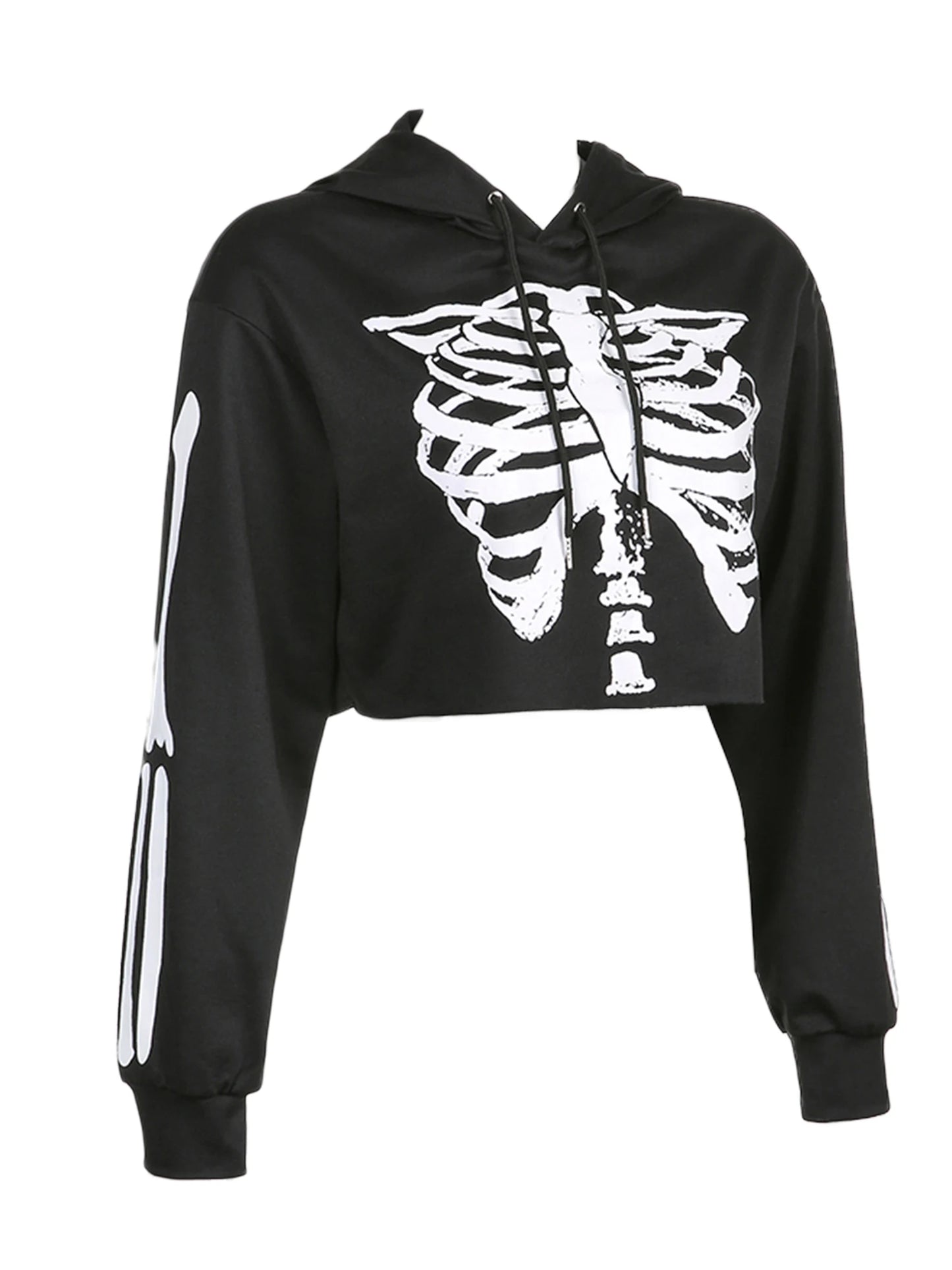Halloween Women Skeleton Print Cropped Hoodies Long Sleeve Drawstring Casual Sweatshirts with Hat 2024 New Fashion Streetwear