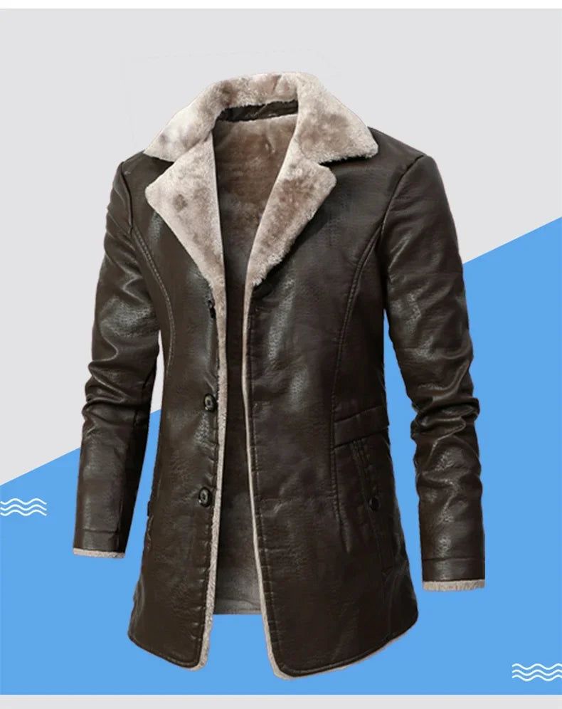 Men's Medium and Long PU Leather Jacket, Business Velvet Lapel Blazer, Single-Breasted Vintage Design Jacket
