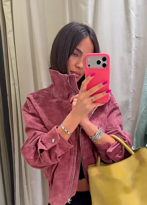 Women Stand Collar Leather Pilot Jacket Red Zipper Cropped Coat Fashion Casual Fashion Outerwear 2026 New Arrival Streetwear