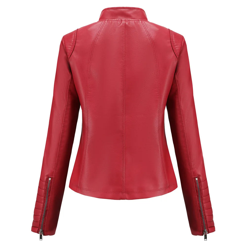 2026 Women's Bright Red V-neck Leather Jacket, Fashion Slim PU Coat, Black Short Outerwear Asia Size XS S M L XL XXL