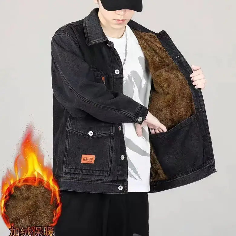 Men's Denim Jacket with Added Insulation and Thickening for Winter, Lamb Fur Lining, Durable Work Collar, Casual Jacket