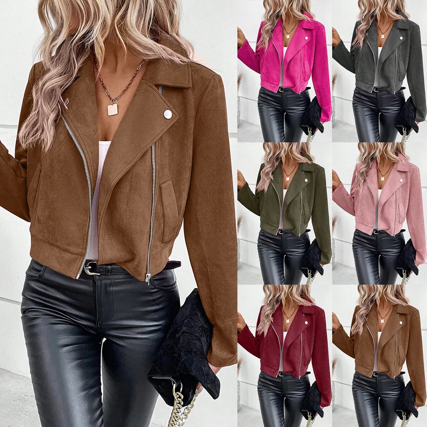 Women's Suede Faux Leather Jacket Autumn Zip-Up Moto Short Coat Lapel Collar Slim Fit Winter Outer Streetwear Casual Wear