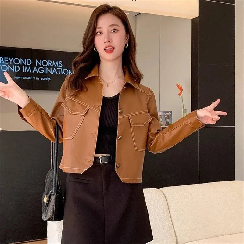 2026 Short PU Leather Coat Women's Spring Autumn New Jacket Ladies Fashion Outerwear Western Style Lapel Overcoat Leather Jacket