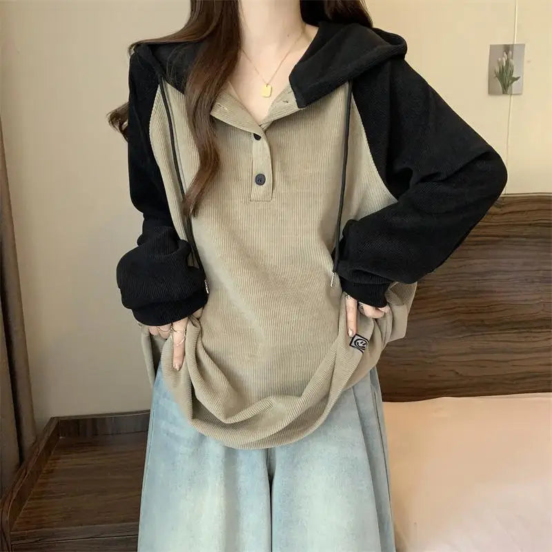 Women Clothing Fashion Casual Long Sleeve Hoodies Spring Autumn Loose Lazy Style Top Tee Office Lady Button Patchwork Pullover