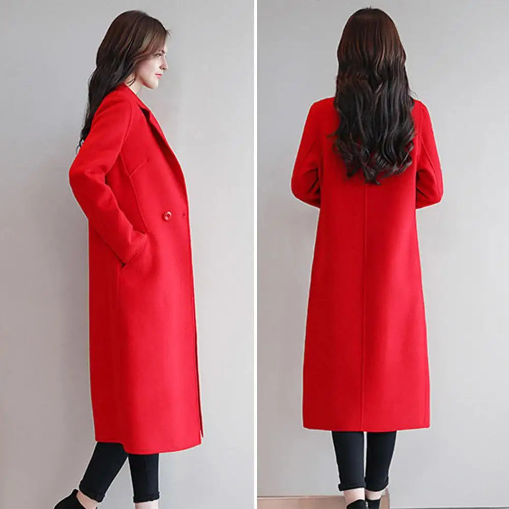 Women Wool Coat Women's Wool Peacoat Mid-long Overcoat Casual Notch Lapel Trench Coat Thick Single-breasted Fall Winter