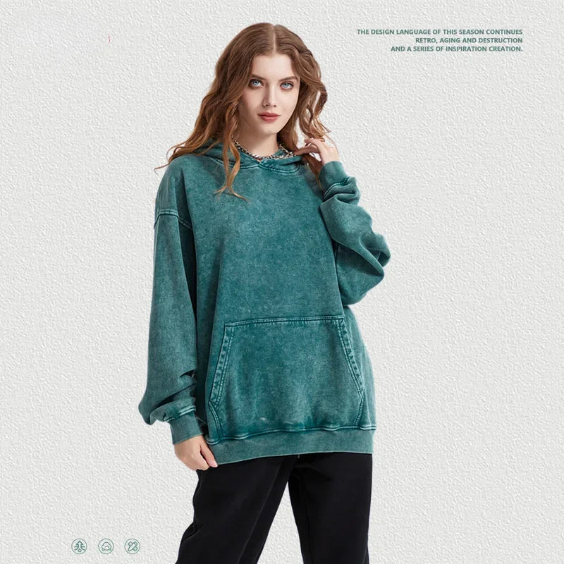 2024 Autumn Winter Men 420gsm Hoodies Streetwears High Street Heavy Weight Washed Cotton Sweatshirts Brand Tracksuit