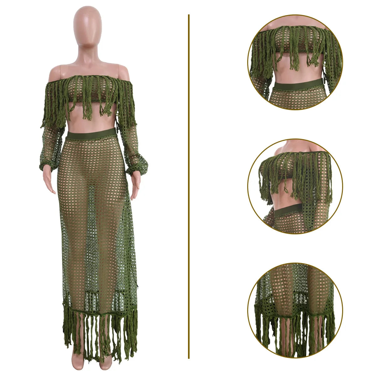 Skirt 2 Piece Set Women Beach Long Skirts Suit Top Off Shoulder Tassels Sexy Hollow Out Ensemble 2025 Summer Female Outfits