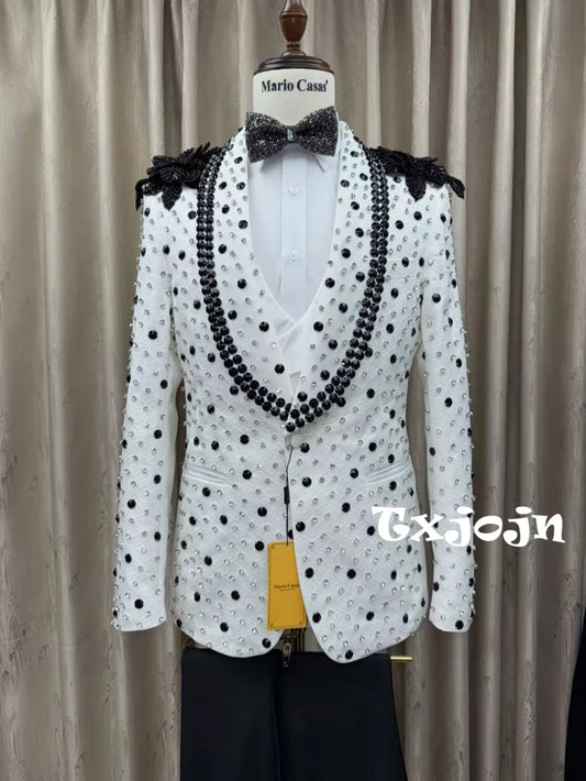 Luxurious Crystal Suit Set 3 Pieces Wedding Banquet Party Wear Handsome Long Sleeved Suits For Men Elegant Shawl Lapel Tuxedo