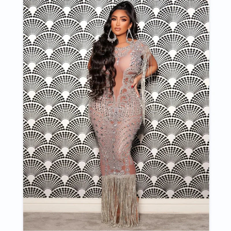Transparent Long Diamond Dark Brown Party Dress Birthday Luxury Costume Fancy Brilliant Dancer Wedding Dress Impressive Dress