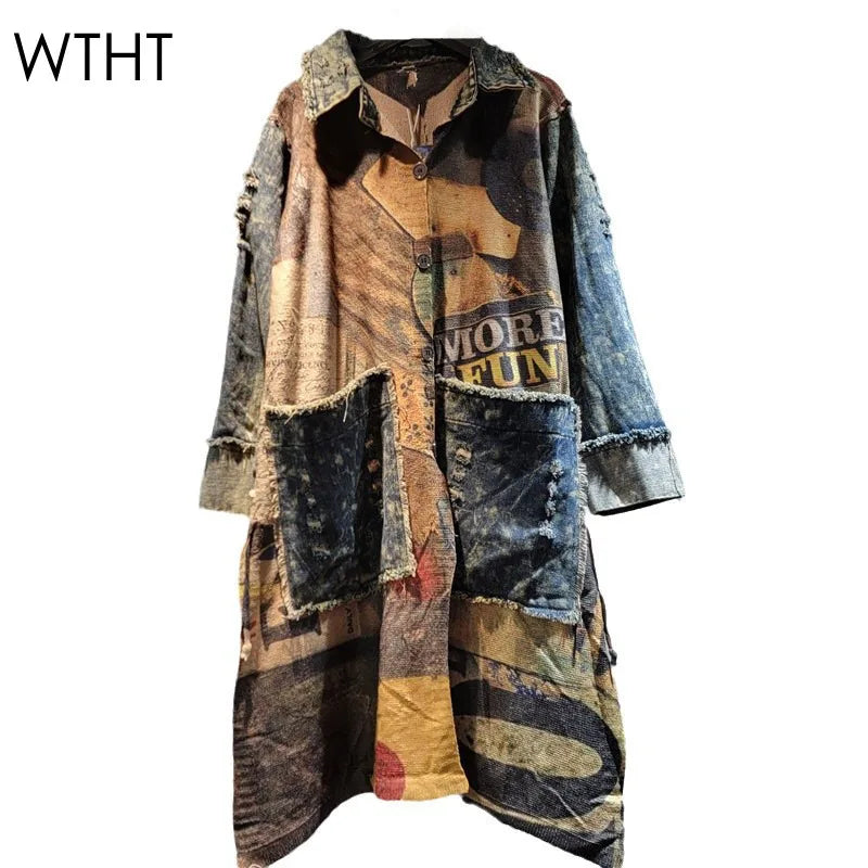 WTHT Colorful Print Spliced Denim Big Pockets Long Coat For Women 2024 Autumn Lapel Single Breasted Jacket Female 1LS215