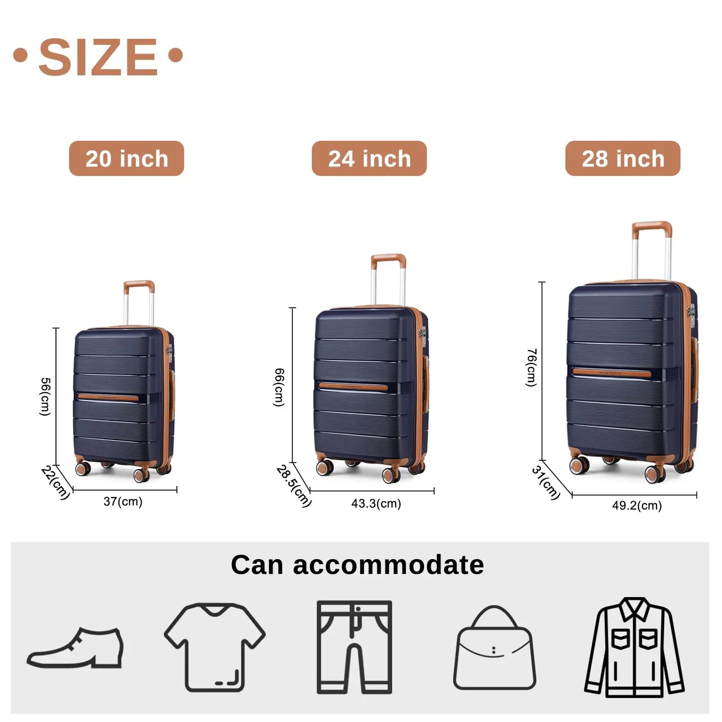 British Traveller 3 Piece Case Set 100% PP 8 Spinner Wheels TSA Lock Hard-Shell hand luggage Dark Blue