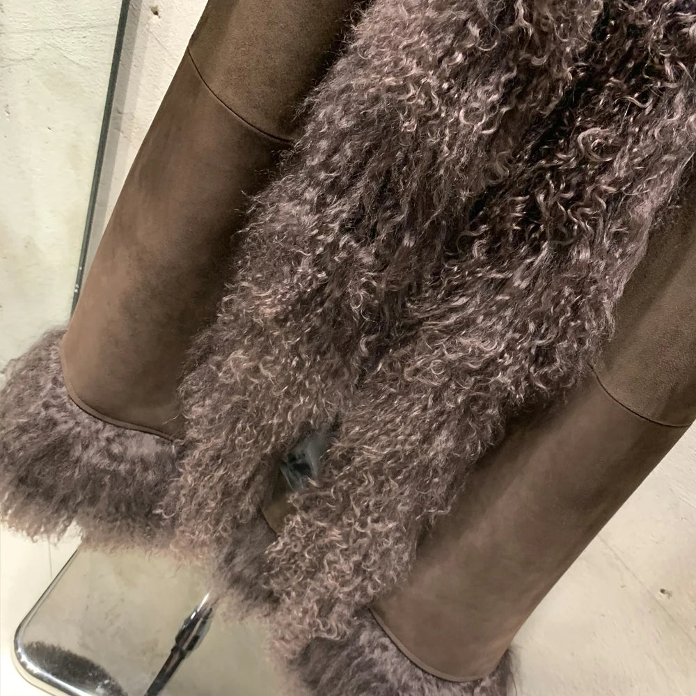 Suede Coat Fur Collar Women Autumn Genuine Sheepskin Coat Long with Mongfolian Fur Trim