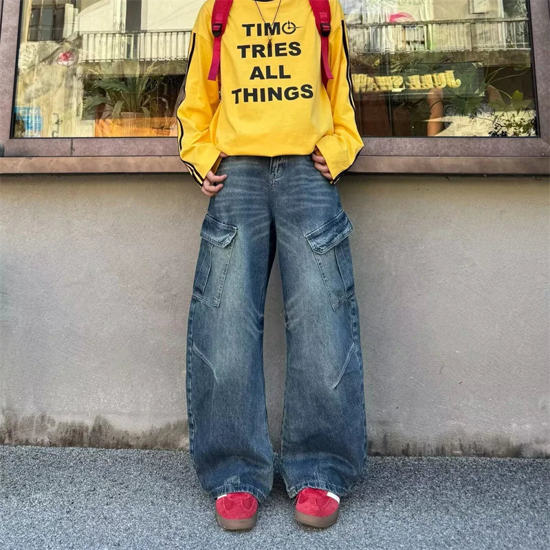 Autumn Men's Hip Hop Fashion Pockets Baggy Jeans High Street Vintage Straight-Leg Denim Pantalones Harajuku Y2K Blue Cargo Jean