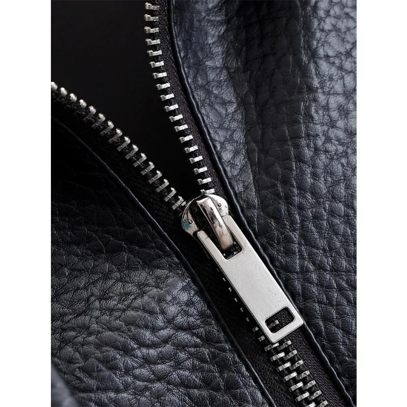 Women's 2026 Autumn New Classic Commuter Style Black Long Sleeve Pebble Faux Leather Motorcycle Fashion Jacket
