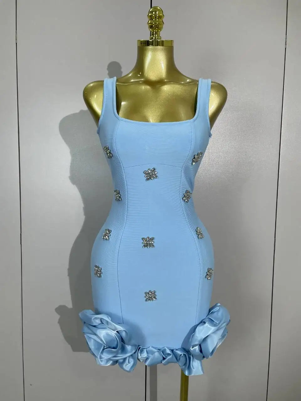 Hot Sale Women Sleeveless Sexy Shinning Rhinestones Ruffles Bodycon Mini Bandage Dress Celebrate Nightlcub Party Outfit Vestido