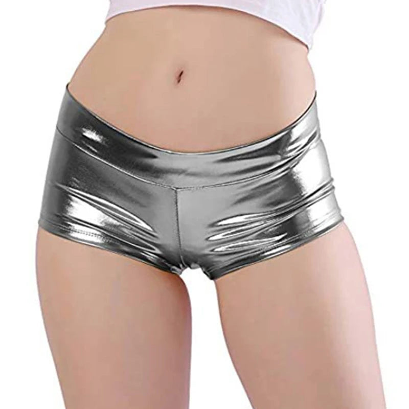Women's Shining Metallic Booty Shorts Low Waist Dance Bottoms Faux Leather Hot Pants Dance Festival Costumes