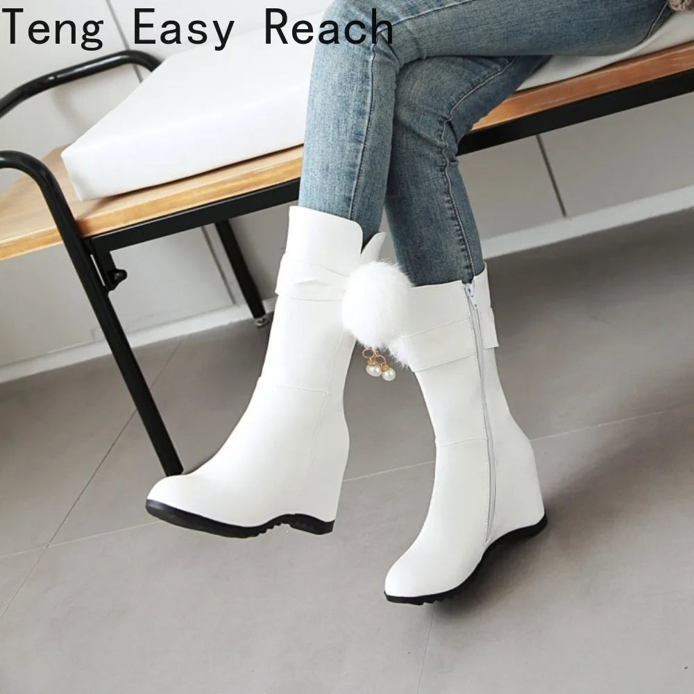 Women Snow Boots Autumn Winter Keep Warm Fur Wedges Increasing Faux Suede Round Toe White Princess Boots New 2026