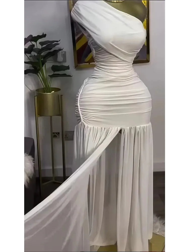 Women One Shoulder Skew Neck High Split Pleated Hem Bodycon Long Maxi Dress 2025 Evening Sexy Club Party Dresses Vestido