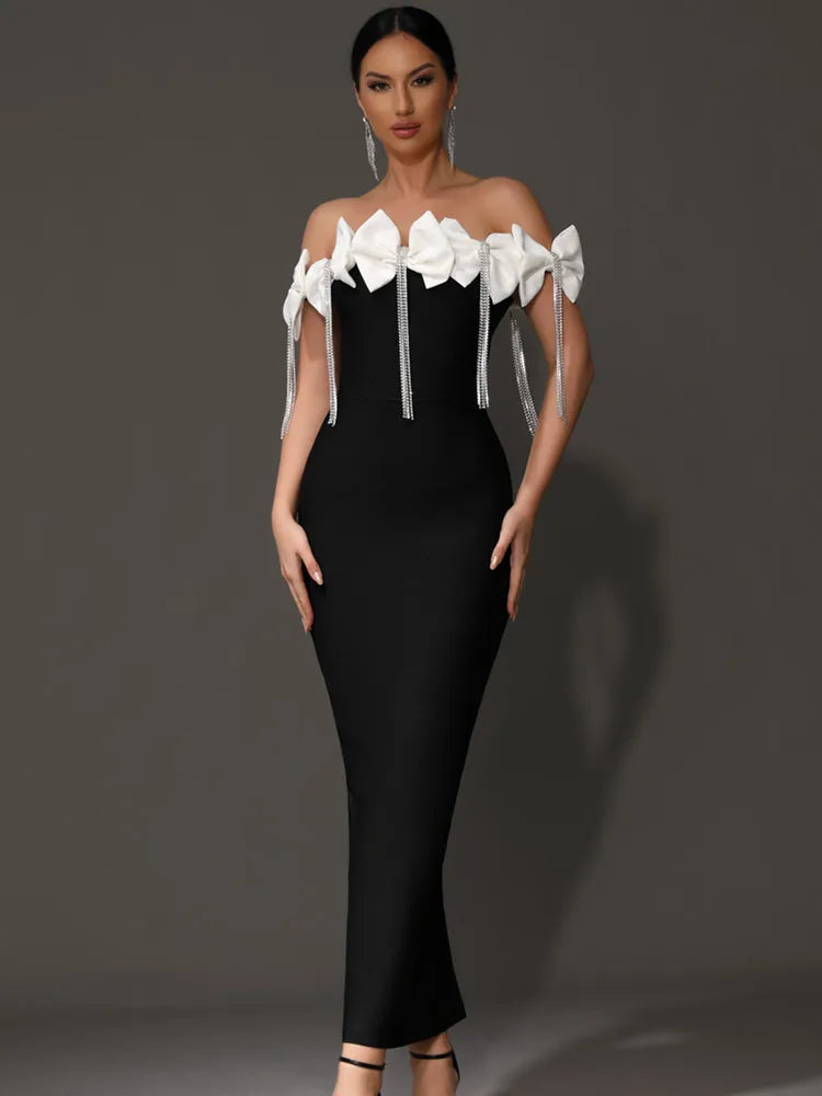 Women Celebrity Sexy Off Shoulder Bow Tie Diamonds Black Maxi Long Bandage Dress 2024 Knitted Elegant Evening Club Party Outfit