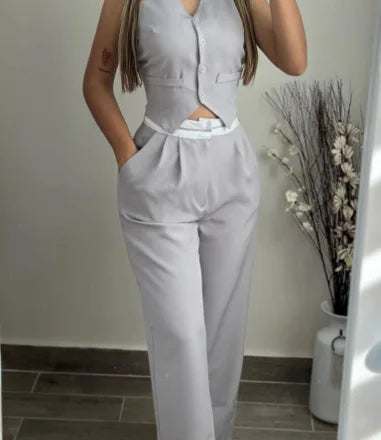 Elegant Two Piece Sets 2024 V-Neck Buttoned Vest Sleeveless Top & High Waist Pocket Straight Pant  Casual Streetwear Pants Set
