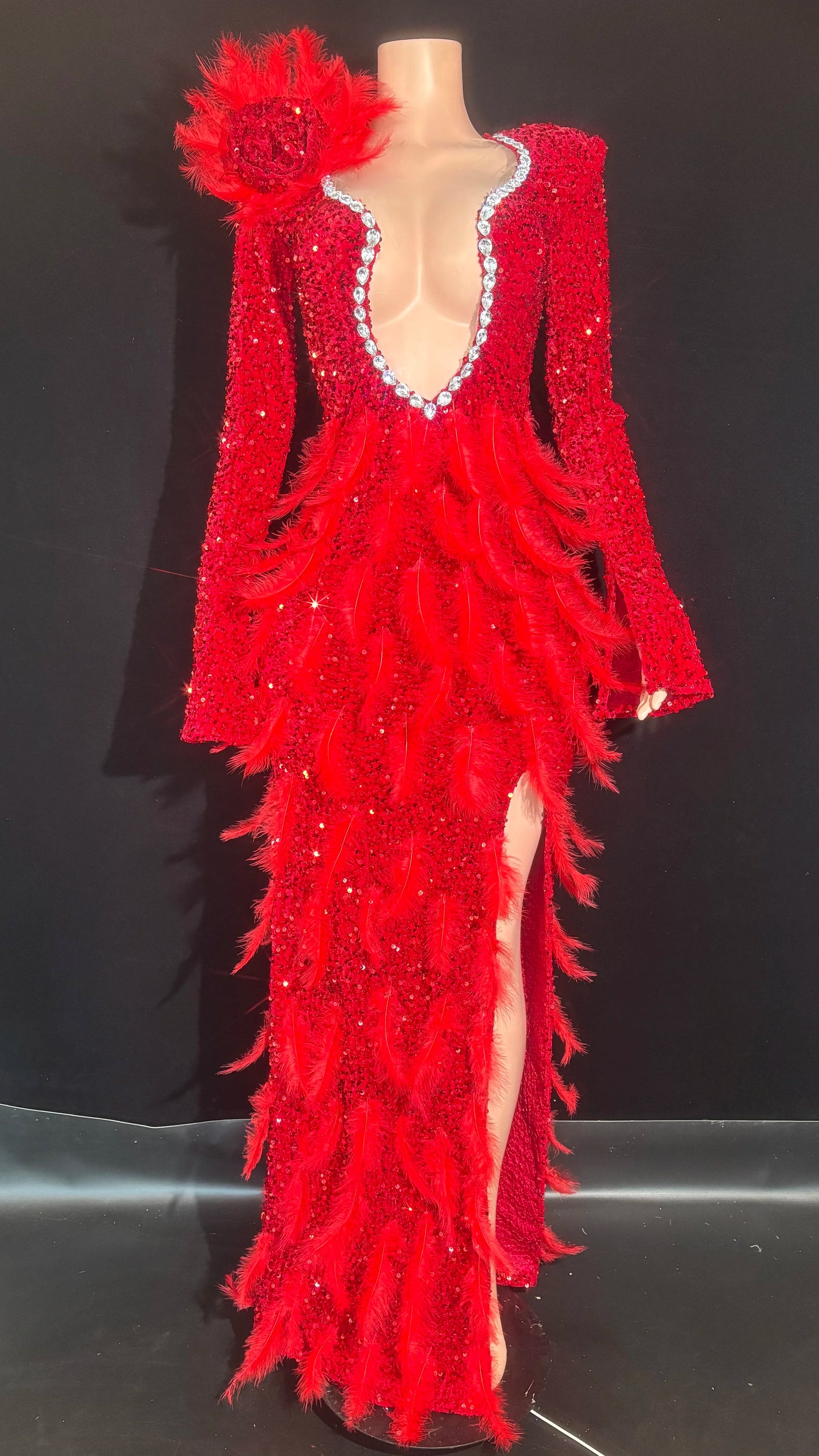 Sparkly Diamonds Feather Red High Slit Wedding Party Gown Luxury Evening Celebrate Performance Singer Costume Festival Dresses