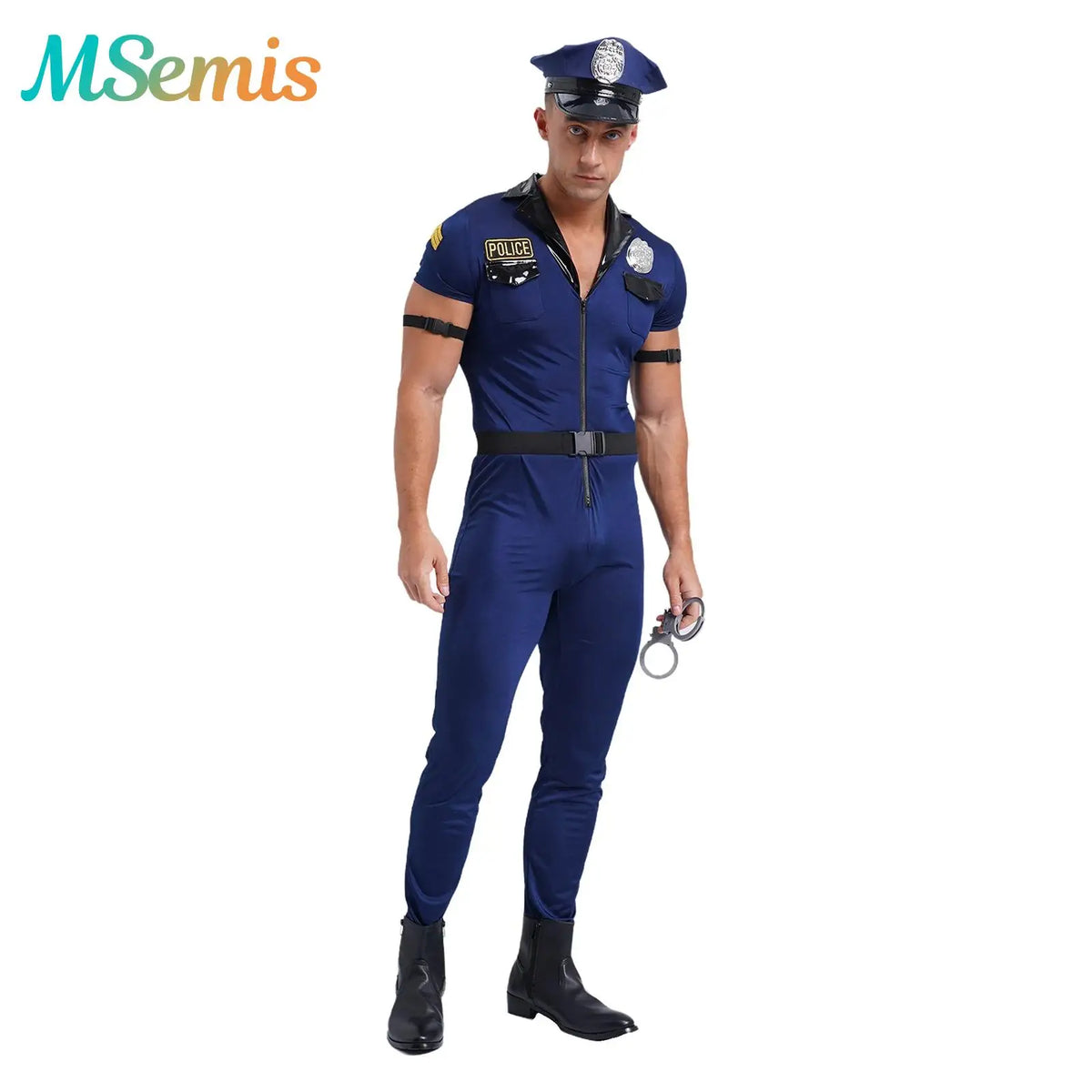 Mens Police Uniform Cosplay Outfits 7-Piece Dirty Cop Officer Costumes Front Zipper Role Play Jumpsuit Hat Belt Manacles Badge