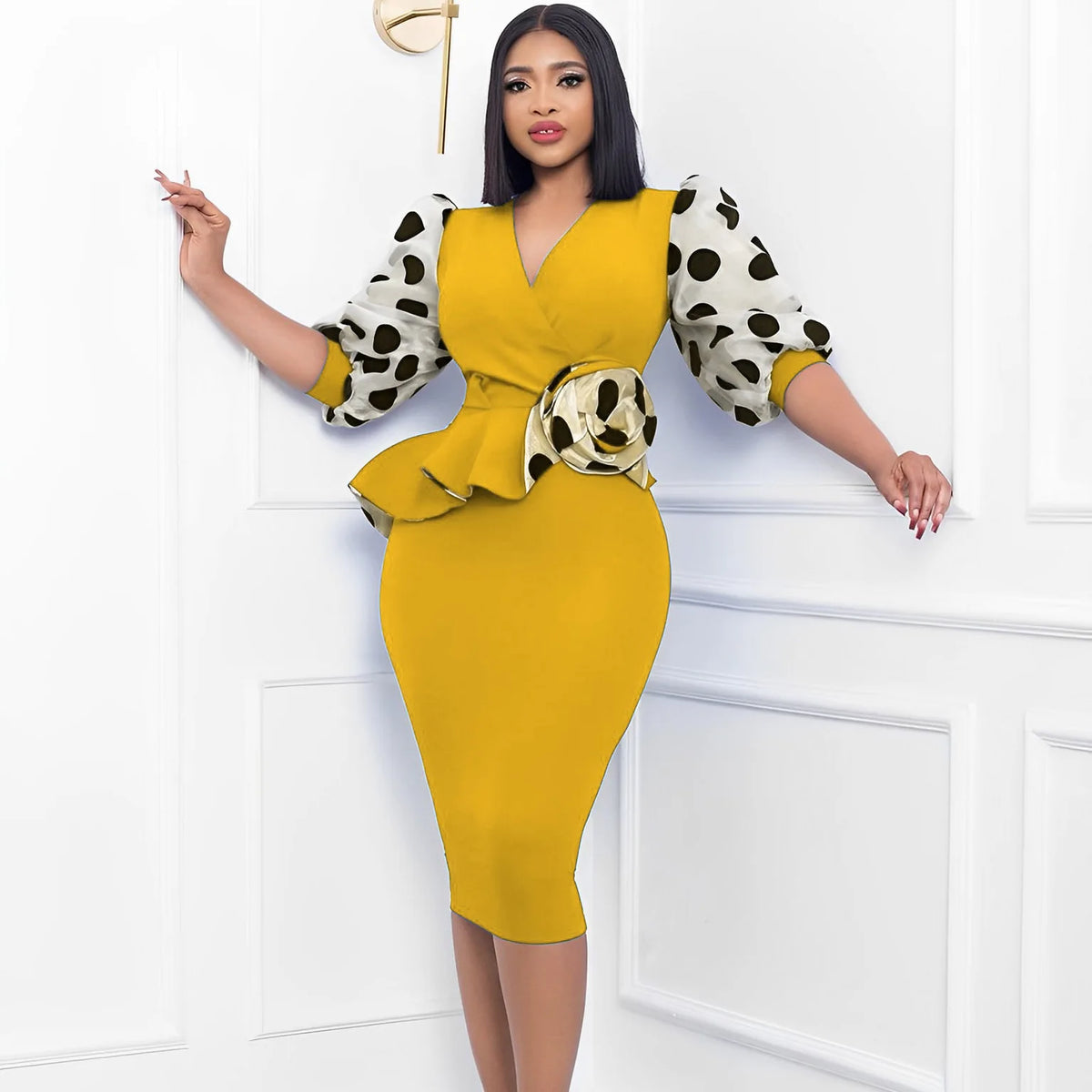 Elegant Dot Mesh Stitching V-neck Puff Sleeve Floral Appliques Bodycon Dress Women Ruffles Waist OL Even Party Dresses Vestidos