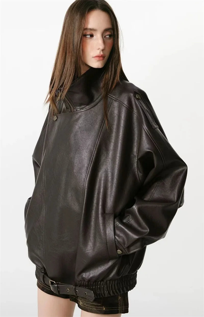 Winter Ladies High End Faux Leather Outwear American Femme Long Sleeves PU Leather Jacket Autumn Women Fashion Casual Loose Coat