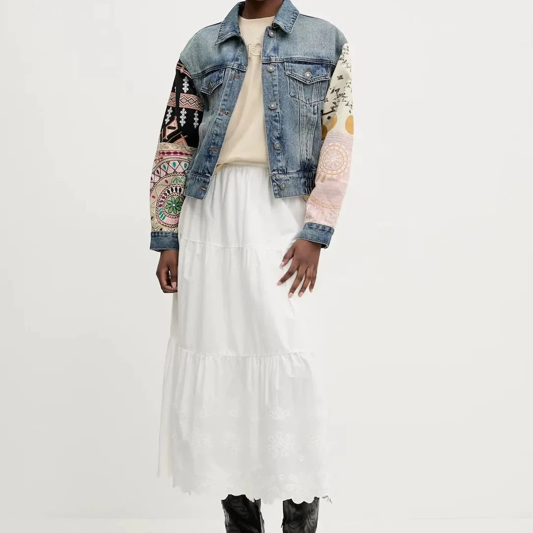 Spanish original light luxury women's jacket, sandwashed, distressed, spliced, jacquard embroidered, loose denim jacket