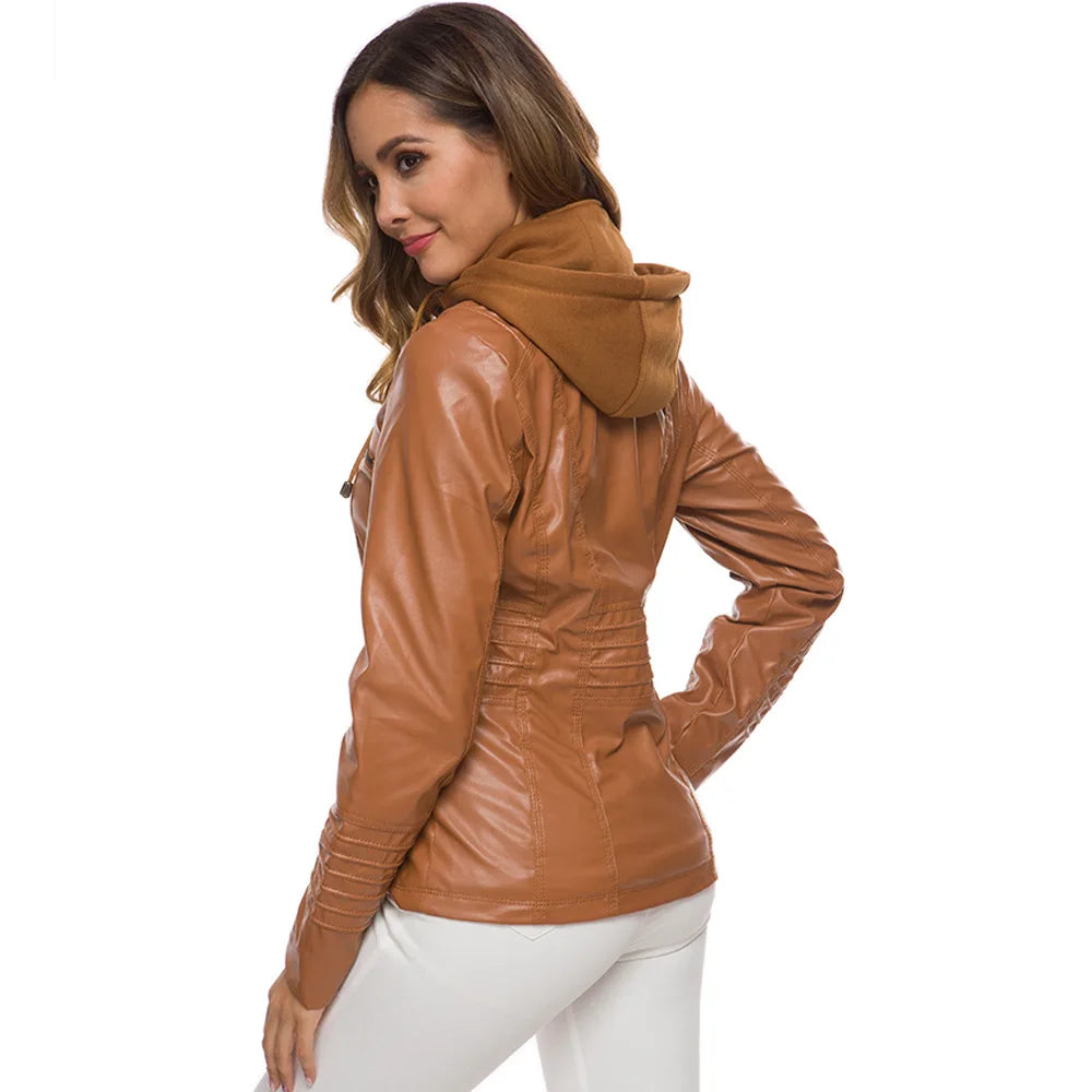 Faux Leather Jacket for Women, Female Winter Coat, Motorcycle Jacket, Faux Suede, PU Zipper Hoodies, Outerwear