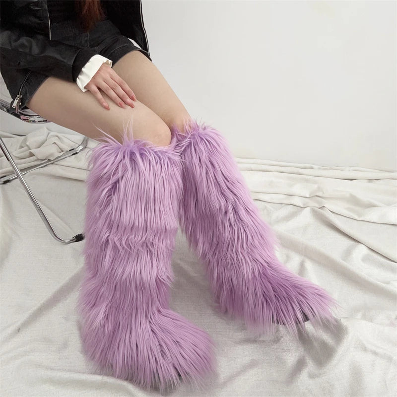 Hot Sale Ins Fashion Long Women Furry Boots Winter Knee Length Keep Warm Ladies Snow Boots