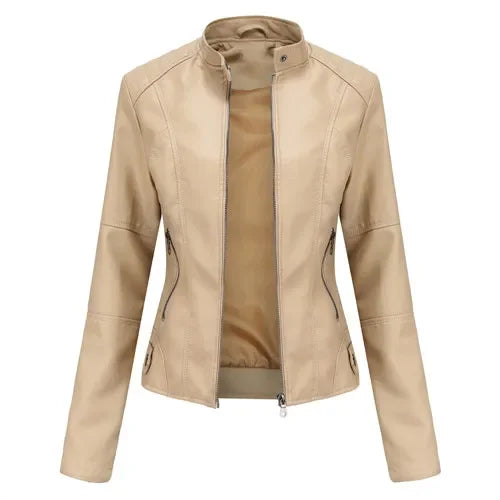 Autumn New Women's Leather Jacket, Fashionable Trim Motorcycle Women PU Coat Black Purple Brown Tops Female Menteau