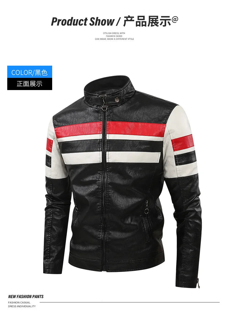 White and Red Patchwork Men's PU Jacket, Stylish Vintage Biker Faux Leather Coat, Available in Black or Brown.