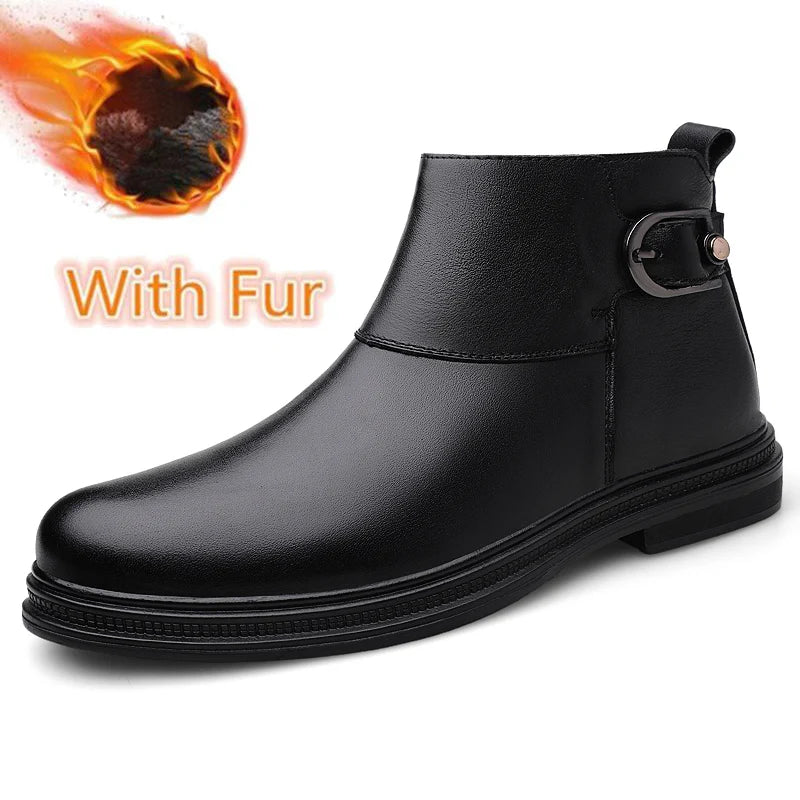 Winter New Fashion Cotton Shoes Men's Plush Genuine Leather Casual Snow Boots Slip on Male Business Footwear Comfy Ankle Boots
