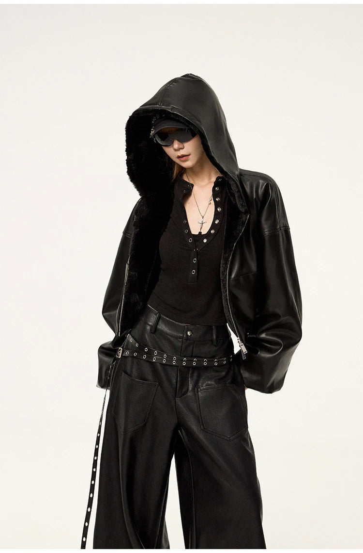 Lautaro Spring Autumn Cool Warm Thick Oversized Black Short Reversible Soft Pu Leather Jacket Hoodie Women with Faux Fur Inside