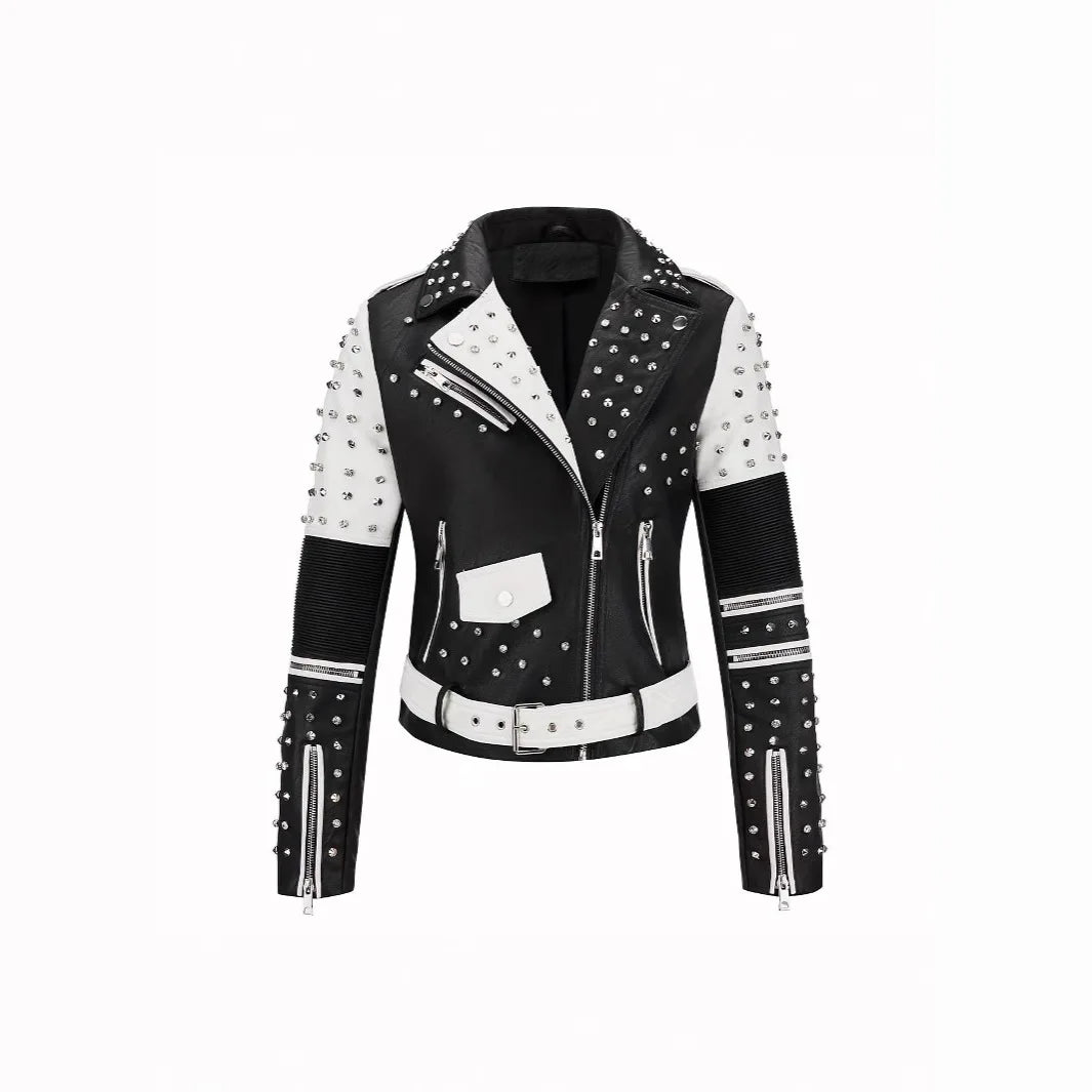 Luxury  Studded Leather Jacket, Motorcycle Slim Fit Punk Rock Women's Diamond Zipper Multi-Pocket Jacket zipper Coat Outwea