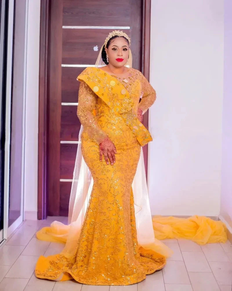 South Africa Women Wedding Reception Gowns Plus Size Aso Ebi Prom Dresses Sparkle Gold Yellow Sequined Lace African Formal Dress