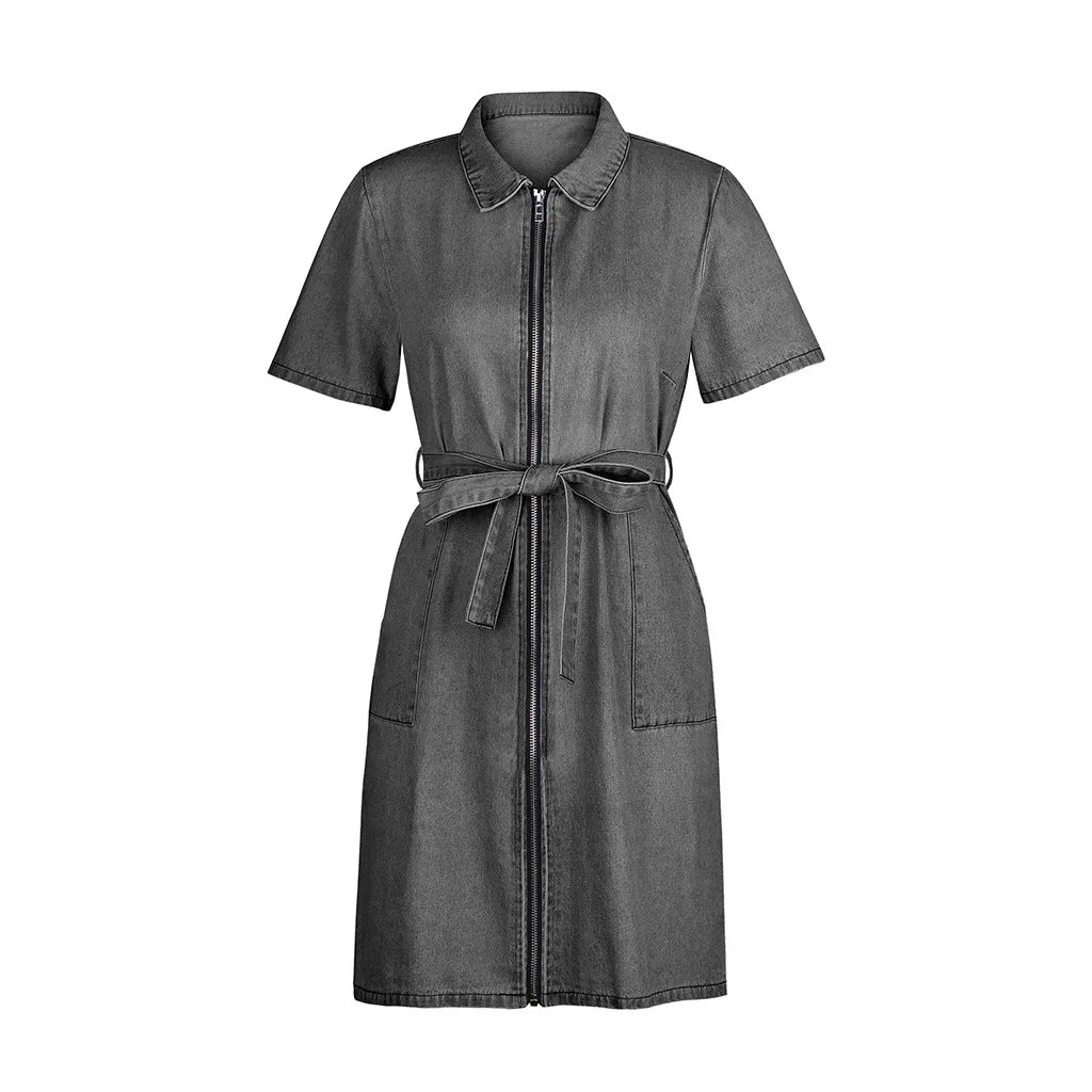 Denim Dresses Women Mini Dress Vintage Turn Down Collar Lace Up Zipper Pockets Distressed Summer Vestidos Streetwear 2025